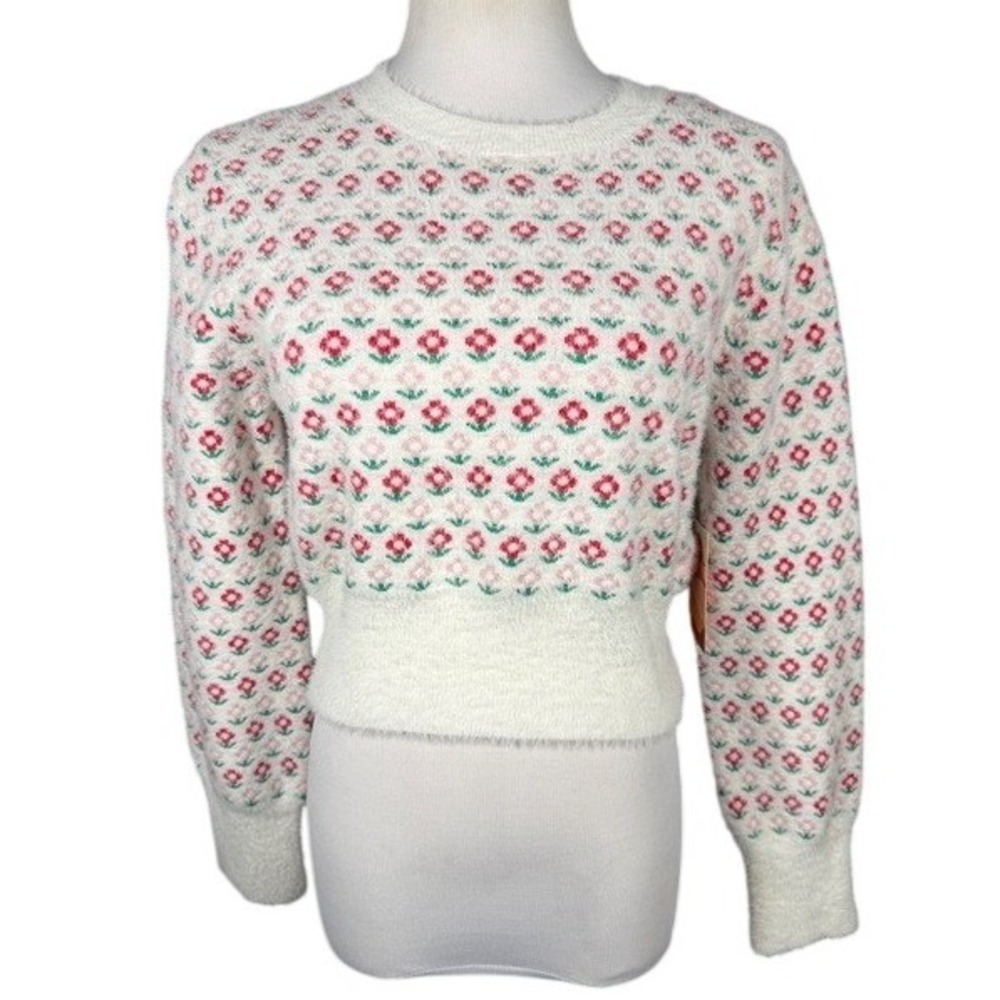 Heart &‎ Moon Women Floral Fuzzy Knit Cropped Sweater E281 White Red Pink Size M
